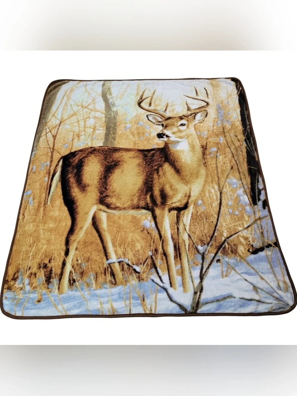 Reversible Vintage Style Deer Buck Winter Woods Raschel Throw Blanket